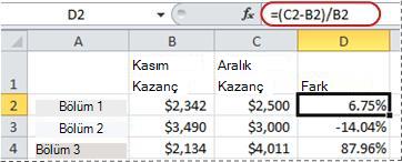 Yüzde hesaplama formülüne bir örnek