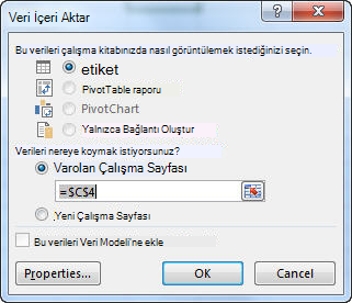 Excel'de Veri İçeri Aktar iletişim kutusu