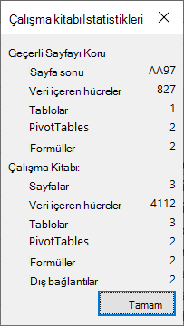 TÇalışma Kitabı İstatistikleri Çalışma Kitabı İstatistikleri iletişim kutusu.