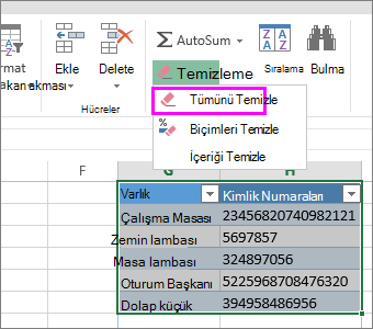 bir tabloyu silmek için şeritteki tümünü temizle komutu