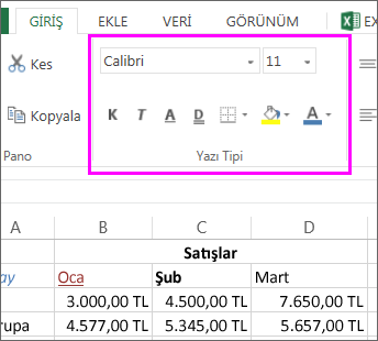 Şerit üzerindeki yazı tipi ayar düğmeleri
