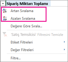 Artan ve Azalan düzen seçenekleri