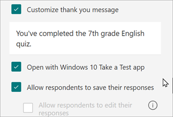 Test ayarları, testlere özgü yanıtlar için bir seçenek gösterir: Test Windows 10 Ile Aç