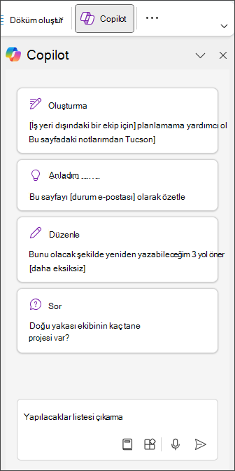 OneNote'ta Copilot bölmesinde Yapılacaklar Listesini Ayıkla yazın