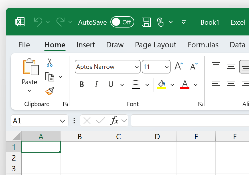 Renkli temadaki Excel'in sol üst kısmının ekran görüntüsü