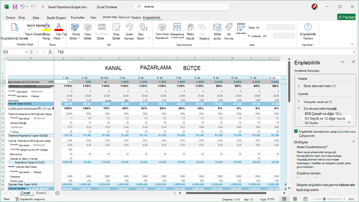 Excel erişilebilirlik şeridi
