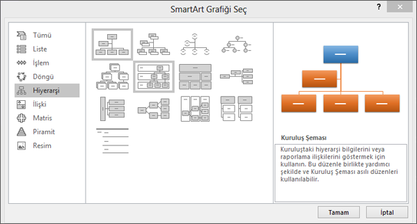 Hiyerarşi’nin seçili olduğu SmartArt iletişim kutusunu gösterir