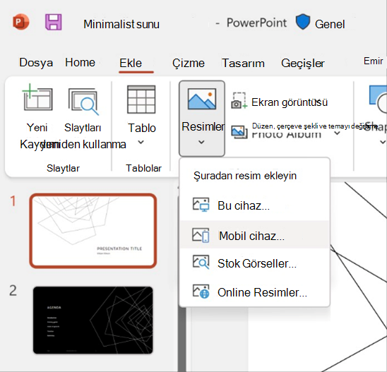 PowerPoint’te bir mobil cihaz özelliğinden resim ekleme işleminin ekran görüntüsü.