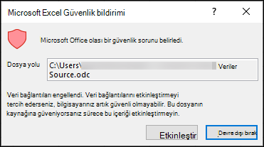 Microsoft Excel Güvenlik Bildirimi - Excel'in olası bir güvenlik sorunu belirlediğini gösterir. Kaynak dosya konumuna güveniyorsanız etkinleştir'i, güvenmiyorsanız devre dışı bırak'ı seçin.
