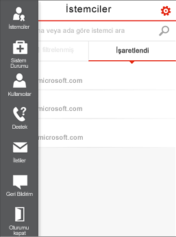Office 365 İş Ortağı Yönetimi mobil menüsü
