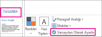 Word Temaları için Tasarım sekmesindeki Varsayılan Olarak Kaydet seçeneği