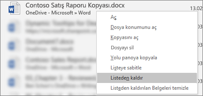 Son Dosyalar listesindeki bir dosyaya sağ tıkladığınızda gösterilen bağlam menüsü