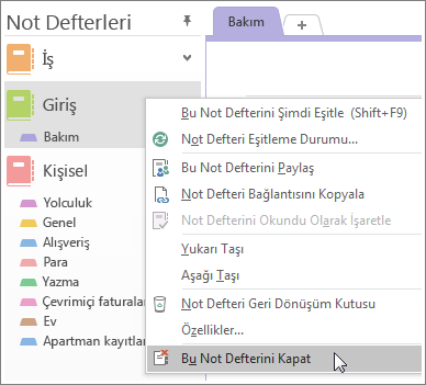 OneNote 2016’da not defterinin nasıl kapatılacağını gösteren ekran görüntüsü.