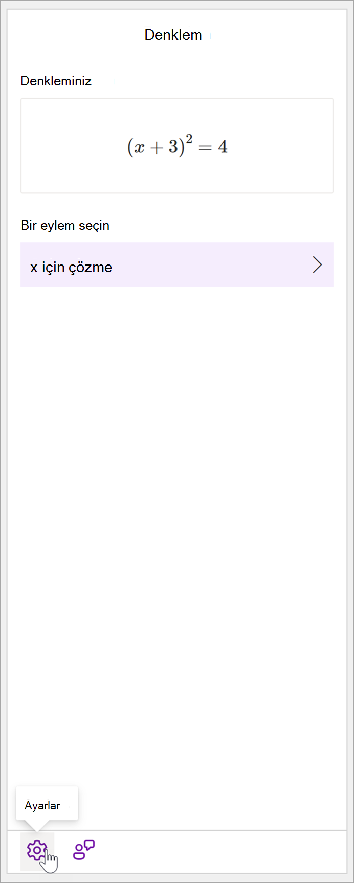 OneNote masaüstünün (x+3)^2=4 denklemini içeren matematik bölmesinin ekran görüntüsü. Bir eylem seçin bölümünde, kullanılabilir tek eylem Öndeki x'i çöz eylemidir.