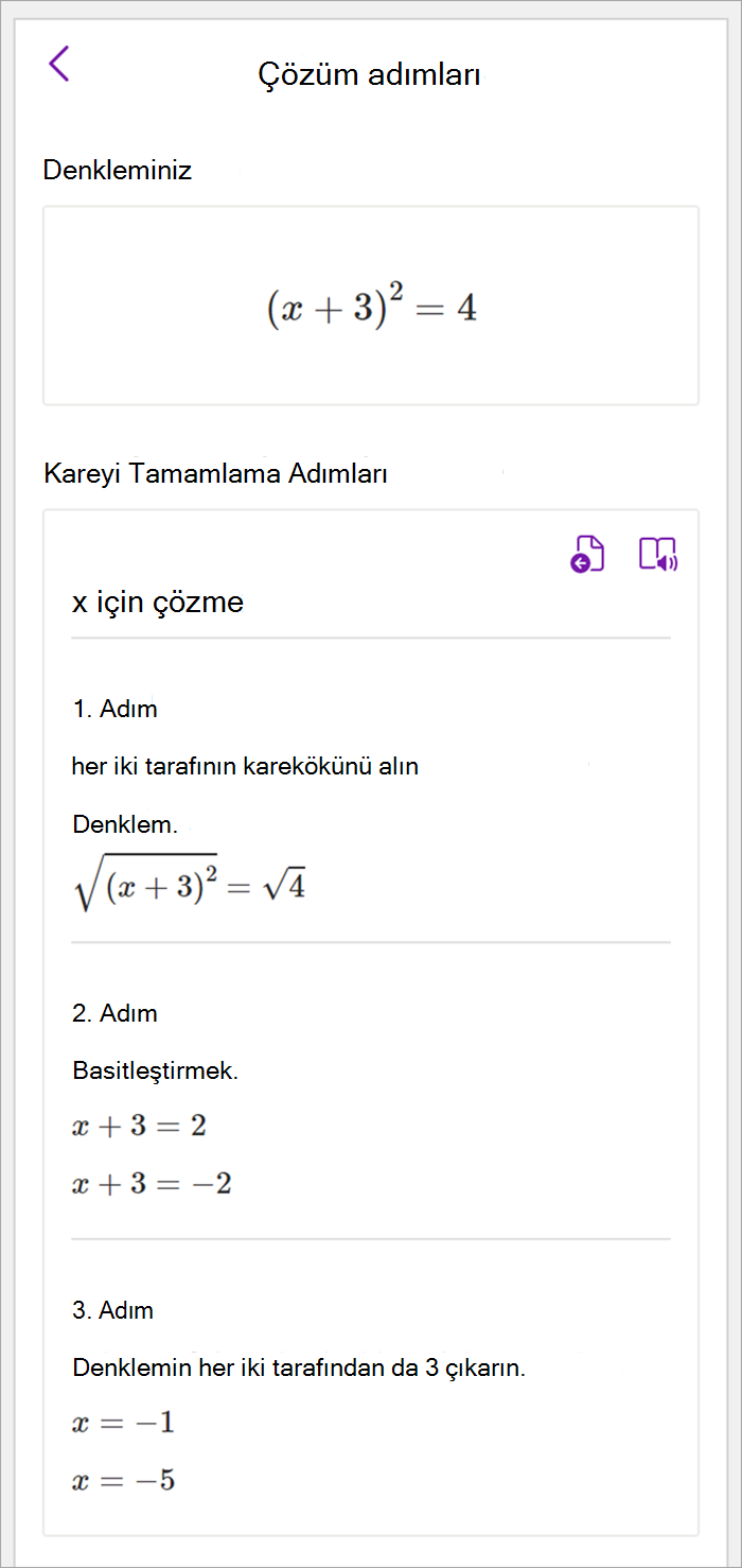 OneNote masaüstünde matematik bölmesinin ekran görüntüsü. X'i çözmek için kare tamamlama yöntemini kullanmak için çözüm adımları gösterilmiştir.