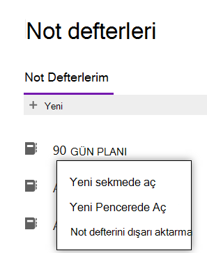 OneNote'ta Not Defterini Dışarı Aktar seçeneğinin nasıl yapılacağını gösteren menü