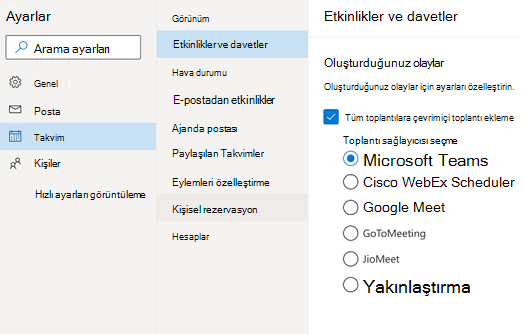 Web üzerinde OutlookWeb üzerinde Outlook - varsayılan çevrimiçi toplantı sağlayıcısını seçin
