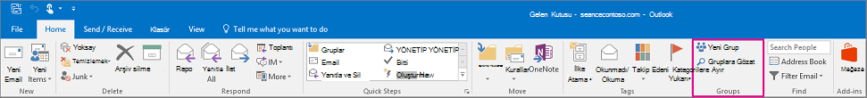 Ana Outlook şeridinde Gruplar seçenekleri