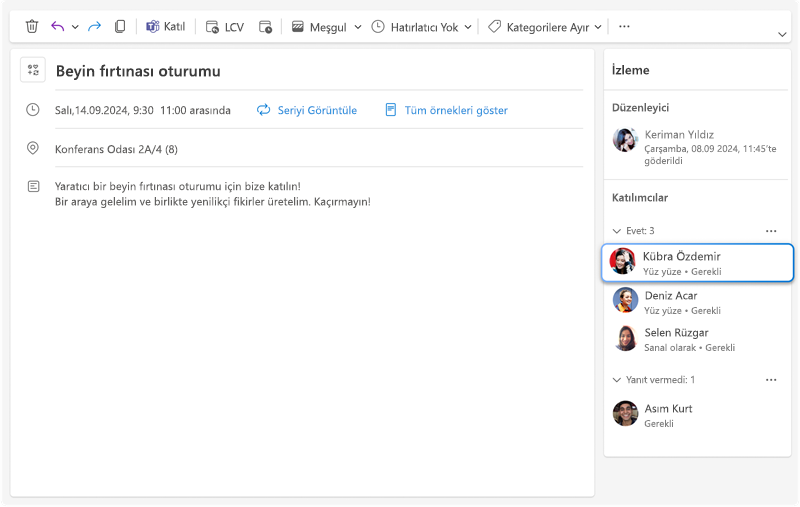 Resimde her davetlinin tüm yanıtlarıyla birlikte her katılımcının yüz yüze mi yoksa sanal olarak mı katılacağına dair yeni ek bilgilerin görülebildiği toplantı izleme bölmesi gösterilmektedir.