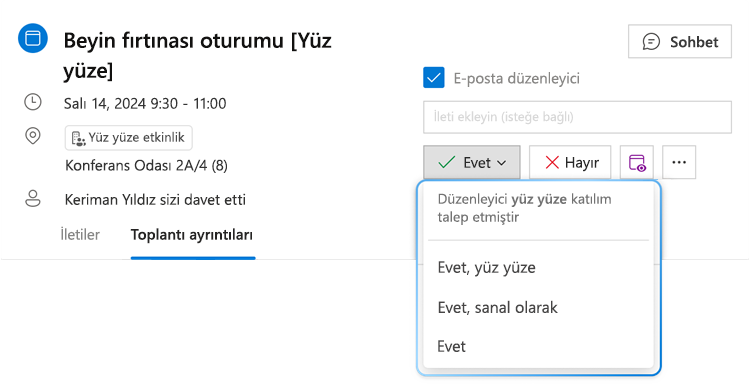 Resimde Evet için karma LCV menü düğmesi genişletilmiş açılır menüyle gösterilmektedir; burada üç farklı seçenek görülebilir: Evet, yüz yüze, Evet, sanal ve Evet.
