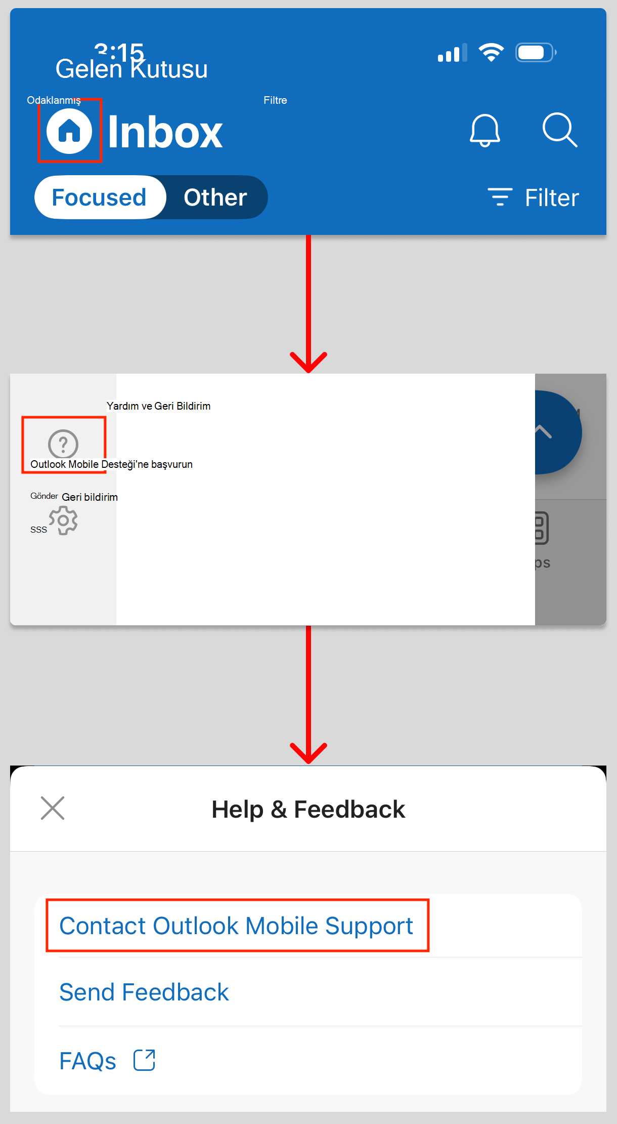 Bu resim, iOS için Outlook'ta Desteğe Başvurun özelliğine nasıl ulaşacağınızı gösterir.