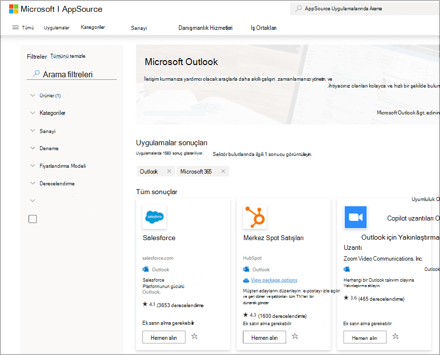 AppSource'ta Microsoft Outlook eklentileri