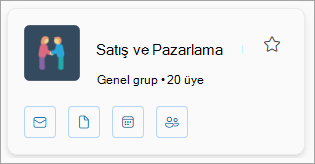 Grup kartında grup adı, üye sayısı görüntülenir ve e-posta, dosyalar, takvim ve üyeler simgeleri bulunur.