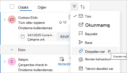Ekleri olan tüm iletileri bulmak için Dosya var'ı seçin.