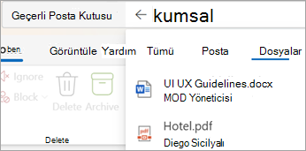 Yalnızca ekleri olan arama sonuçlarını görmek için FilesFiles öğesini seçin.