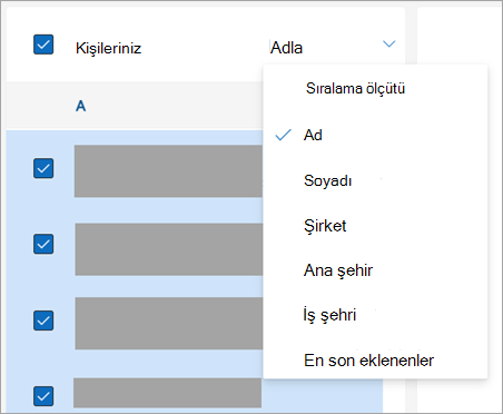 Kişileri sıralama seçeneklerinin ekran görüntüsü