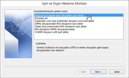 içeri ve dışarı aktarma sihirbazı - başka bir program veya dosyadan içeri aktarma