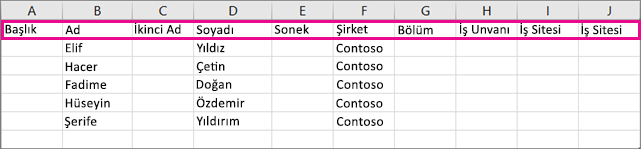 Excel'de örnek .csv dosyası şöyle görünür.