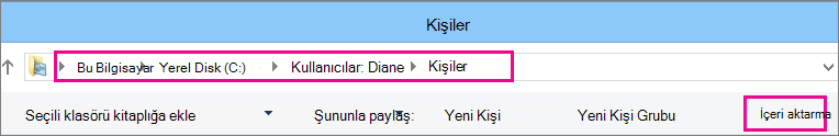 Kişiler klasörüne gidin, sonra İçeri Aktar’ı seçin.
