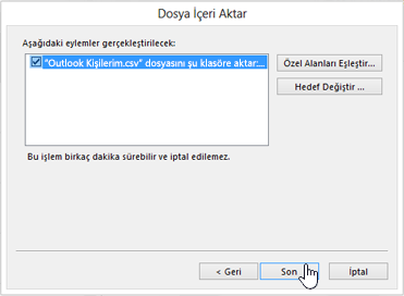 Gmail kişilerinizi Office 365 posta kutunuza aktarırken, geçişi başlatmak için Son düğmesine tıklayın