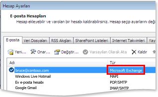 Hesap Ayarları iletişim kutusunda bir Exchange Hesabı örneği