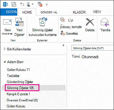 Klasör listesinde Silinmiş Öğeler’e tıklayın