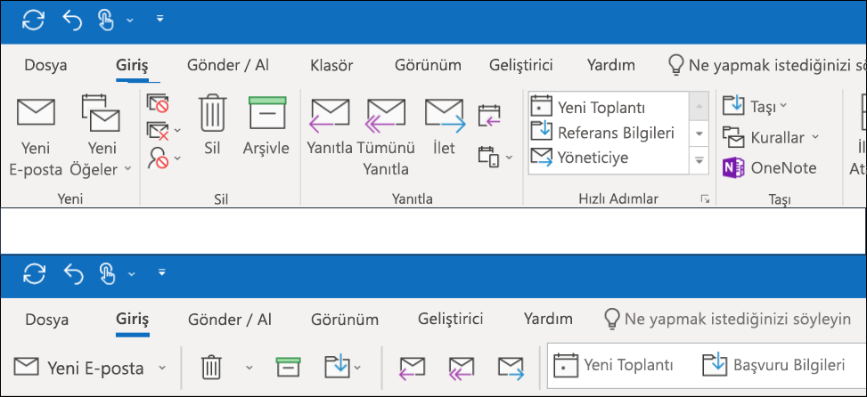 Artık Outlook'ta iki farklı Şerit deneyiminden birini seçebilirsiniz.