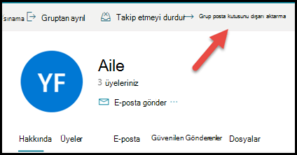 Yukarıyı ve Grubu Posta Kutusunu Dışarı Aktar'ı gösteren bir okun Outlook.com grup kartı.