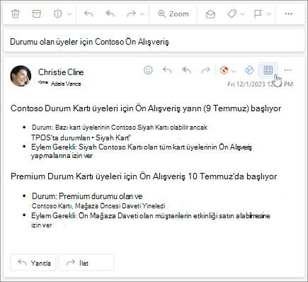 Web üzerinde Outlook'da ve yeni Windows için Outlook'ta bir iletinin eylem çubuğunda Uygulamalar simgesi.