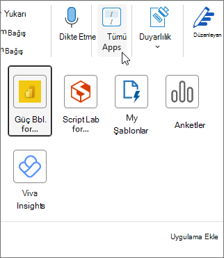 Windows için Outlook'ta Tüm Uygulamalar açılır menüsü.