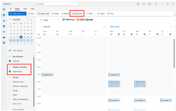 İki takvimin yan yana gösterildiği Outlook bölünmüş görünümünü gösteren ekran görüntüsü.