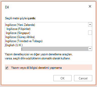 Dil ayarının ekran görüntüsü.