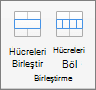 Ekran görüntüsü, Hücreleri Birleştir ve Hücreleri Böl seçenekleriyle tablonun Düzen sekmesinde bulunan Birleştir grubunu gösterir.