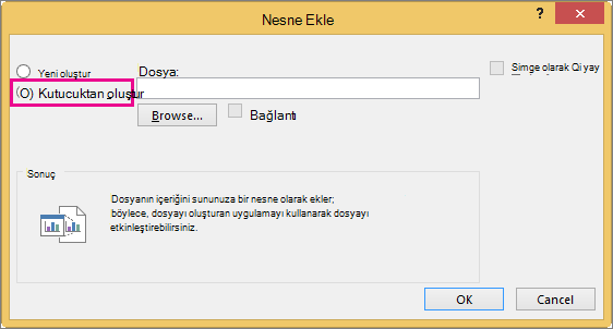 Nesne Ekle iletişim kutusunda seçili dosyadan oluşturma