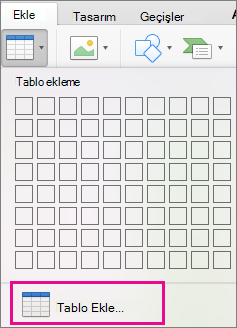 Tablo Ekle menü seçeneği