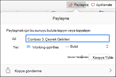 Sorunsuz paylaşım için sununun Microsoft bulut depolama alanınıza yüklenmesini öneren iletişim kutusu.