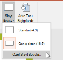 Şeridin Tasarım sekmesinde Slayt Boyutu’nu, ardından da Özel Slayt Boyutu’nu seçin.
