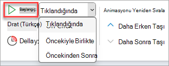 Animasyon Zamanlaması'nda Başlat açılan seçicisi.