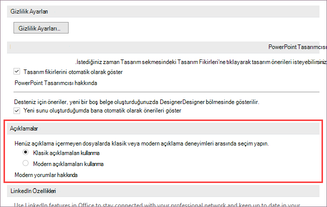 Modern açıklamalar için seçenekler