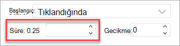 Web üzerinde PowerPoint'da animasyon uygularken Süre alanı.